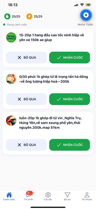 Màn hình Canh cuốc trong app PAuto